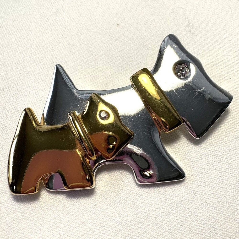 Vintage Gold and Silver Tone Rhinestone Eyes Scottish Terrier Dogs Brooch Pin